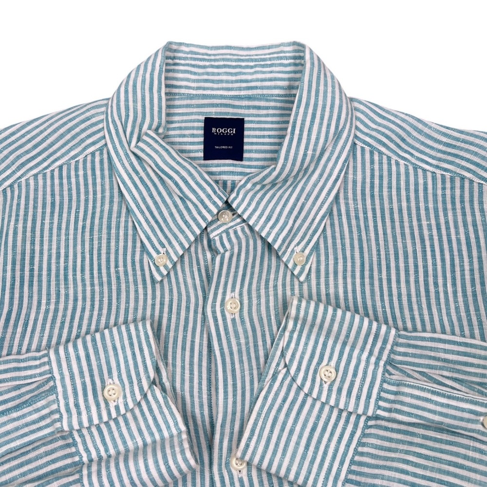 Boggi Milano Button Down Shirt Men XL Teal White Striped 100% Linen Tailored Fit